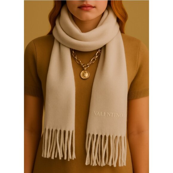 VALENTINO Scarf Unisex Solid Ivory Rectangular 100% Wool Made In Italy - Picture 1 of 8